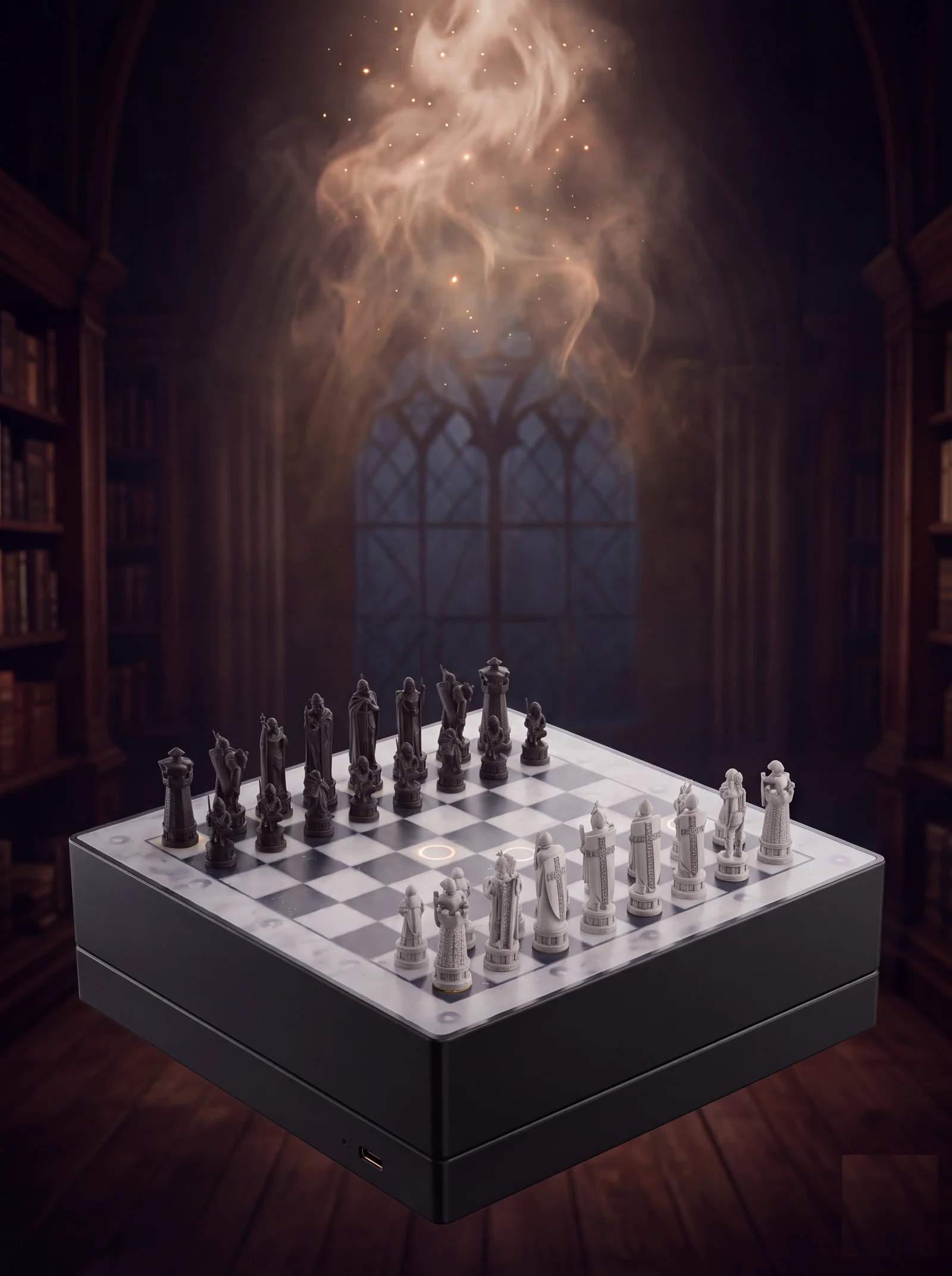 The same board assembled, pieces standing on the lit surface.