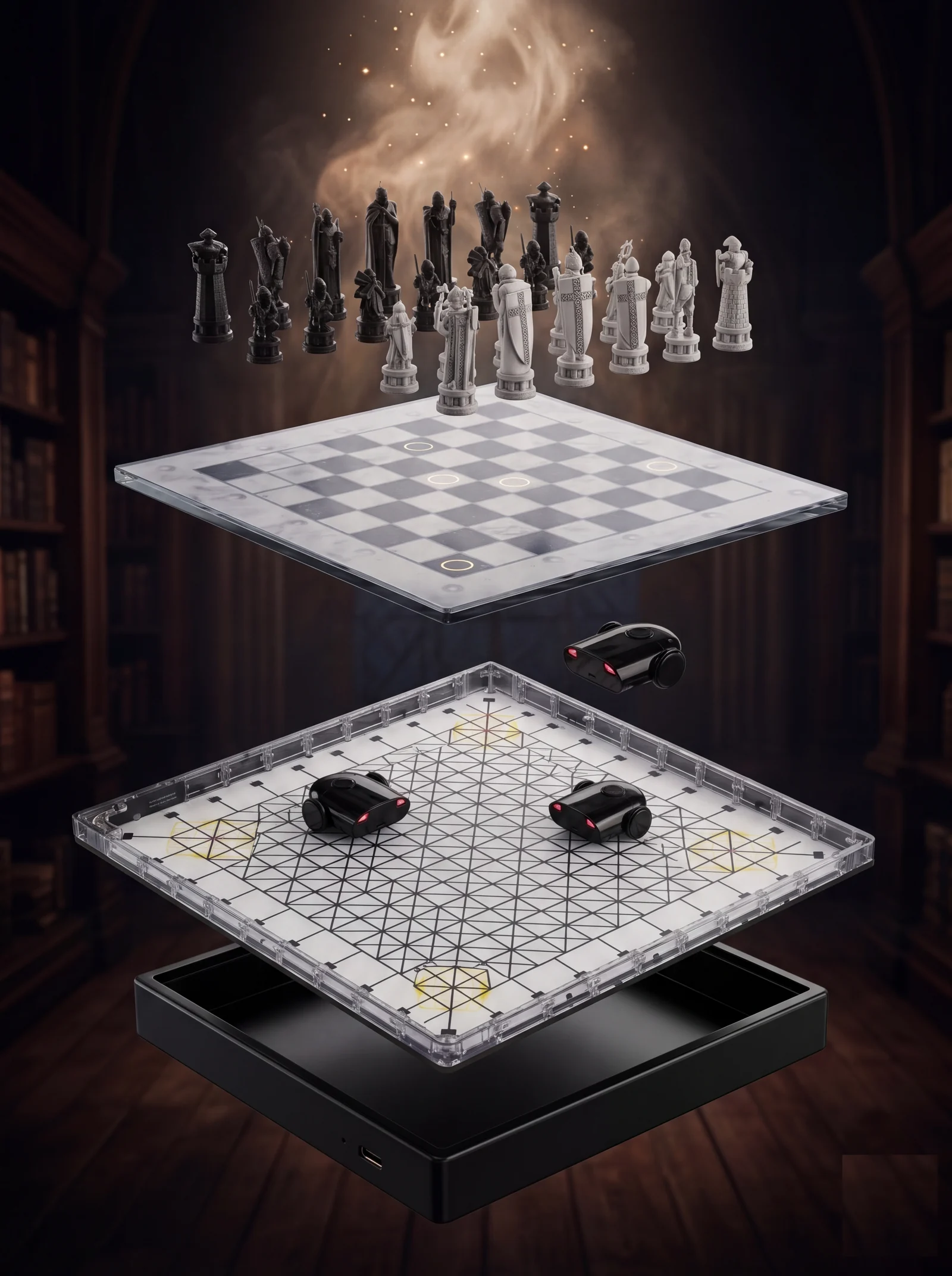 The GoChess Wizard Alive board separated into five layers: smoke, wizard pieces, the lit marble board, the robotic drive units on their lattice grid, and the black base.